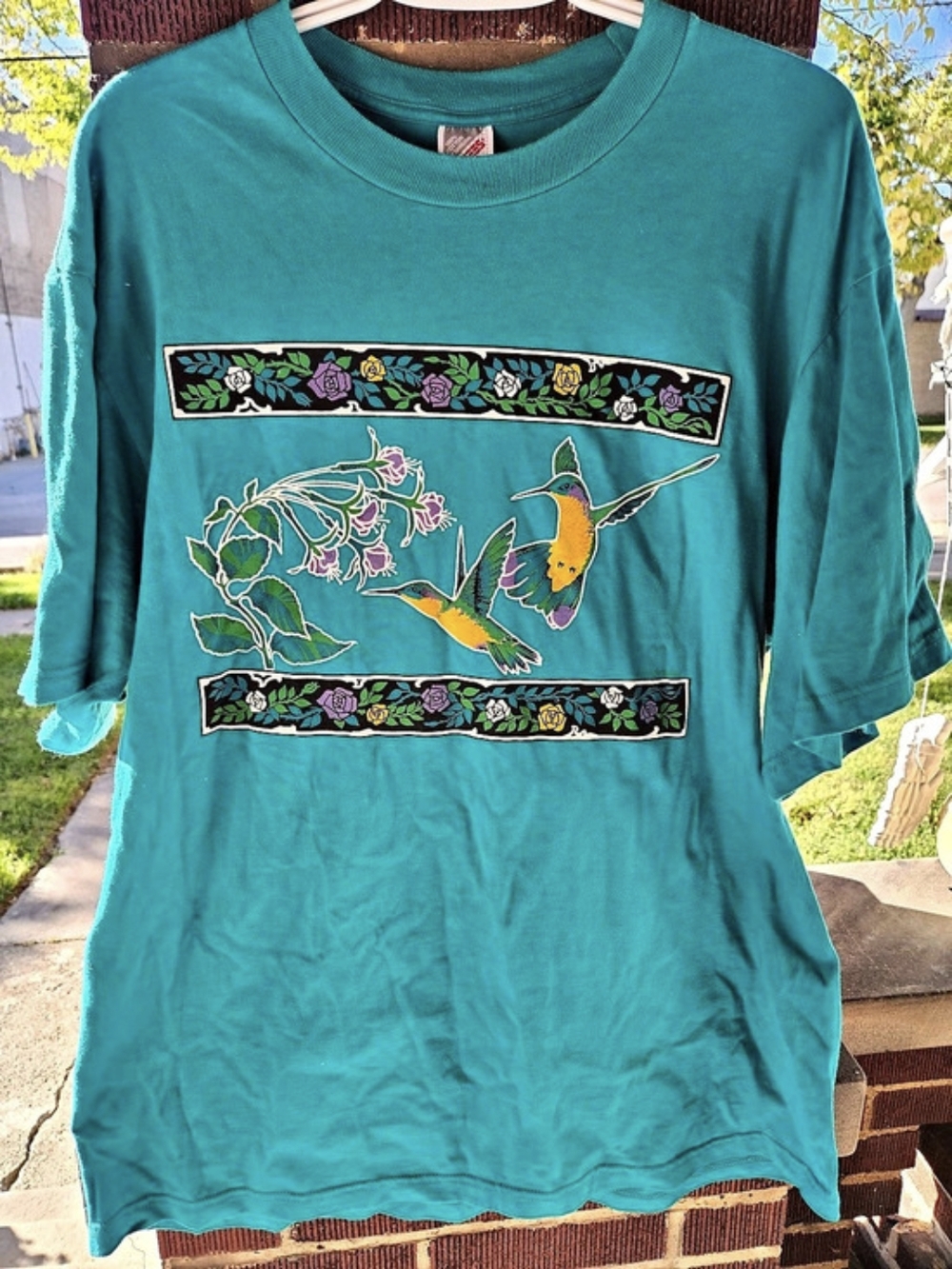 JERZEES Vintage 90s Graphic Hummingbird Tee in Blue Size XL